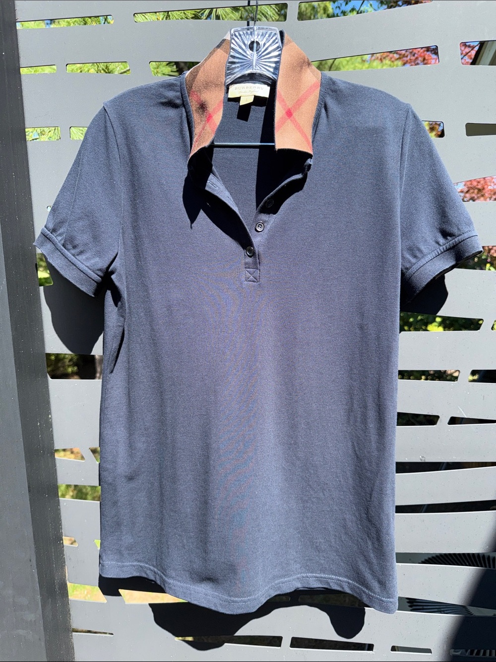 Burberry Black with Signature Beige Check Collar Sz L